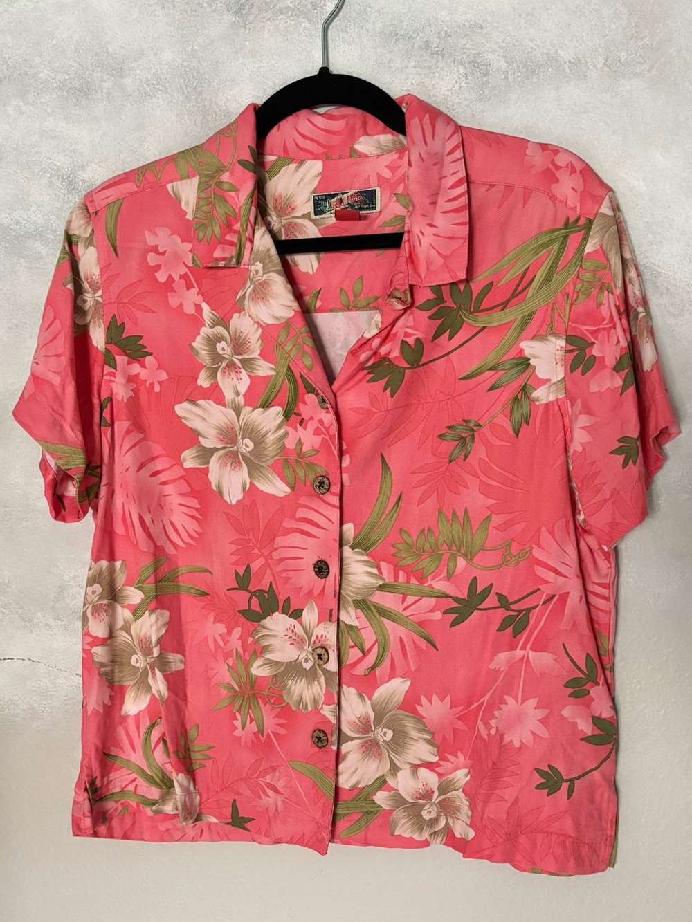 La Cabana Vintage Style Tropical Button Down Pink Floral Petite L Short Sleeve
